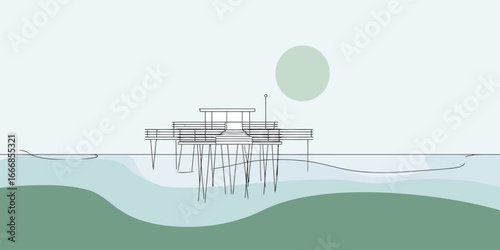 Minimalist line art illustration of a modern pier building on stilts over calm, serene green water.