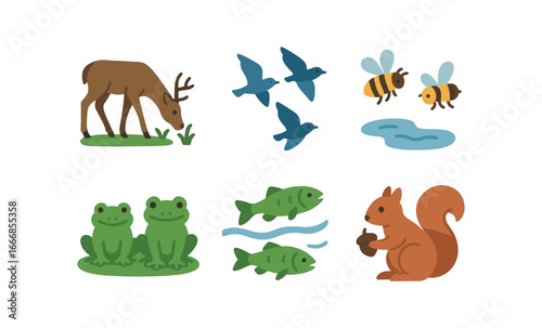 vector colorful flat filled icons early thaw season (forest): damp earth moss buds on trees sunlight melted ice fresh scent.