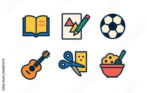 vector colorful flat filled icons tween years (hobbies): reading drawing soccer guitar crafts baking cookies.