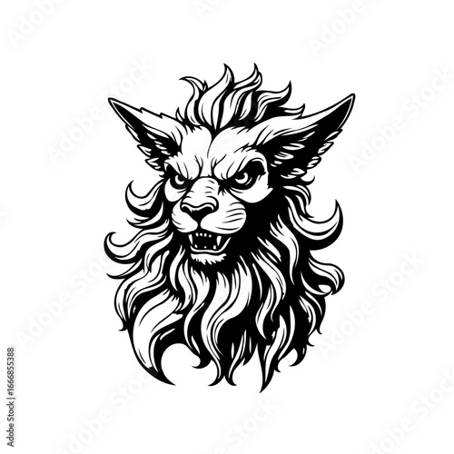 Monochrome depiction of a formidable creature with sharp features and intense gaze in detailed