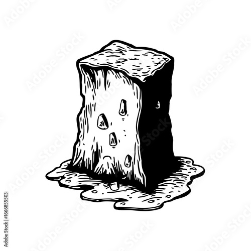 Monochrome depiction of an abstract block structure undergoing transformation with liquid
