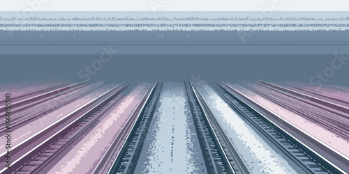Multiple parallel railway tracks in a stylized, graphic illustration with a cool, muted color palette.