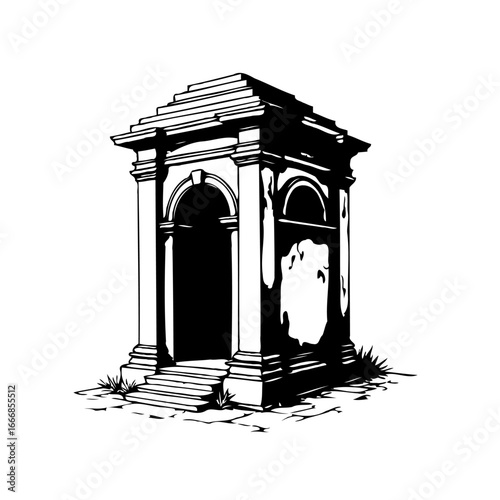 Monochrome depiction of an old architectural structure displaying weathered facade providing