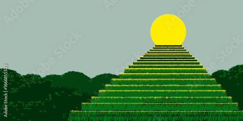 Surreal illustration of a grassy, stepped pyramid with terraced levels leading to a bright yellow sun orb.