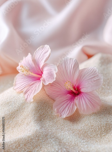 Two delicate, pale pink hibiscus flowers rest on a bed of light beige sand, atop a soft, flowing pink silk fabric