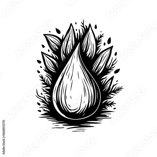 Monochrome depiction showcasing a stylized water droplet enveloped by foliage illustration