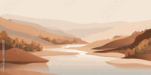 Serene mountain valley landscape with a winding river and autumn trees in warm, earthy tones.