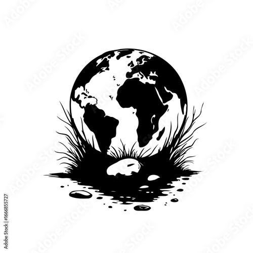 Monochrome earth depiction showcases environmental awareness in a black and white graphical