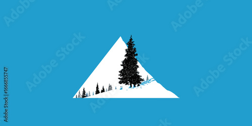 Minimalist graphic of a snowy mountain peak with black silhouette evergreen trees inside a white triangle.