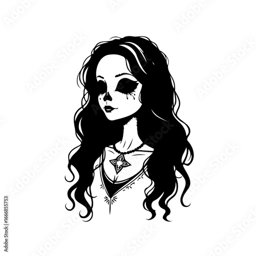 Obraz na płótnie Monochrome ethereal portrait of a woman with flowing hair a symbolic pendant and