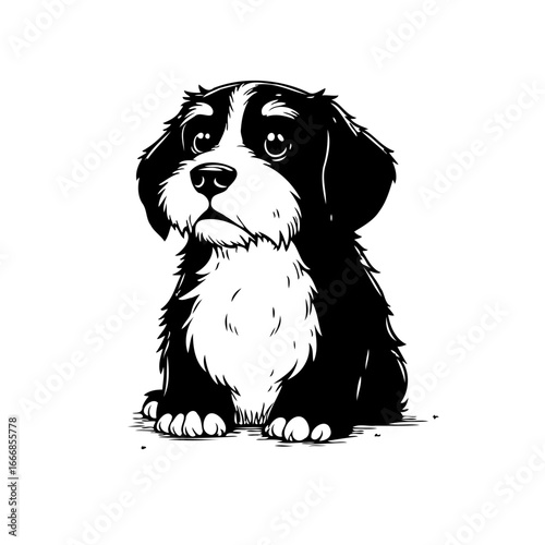 Monochrome illustration of a Bernese Mountain Dog puppy portrait, cute design style with adorable