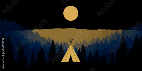 A stylized teepee in a layered pine forest at night under a large golden full moon.