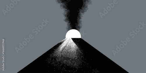 Stylized monochrome volcano erupting with a bright white crater and a textured plume of black smoke.