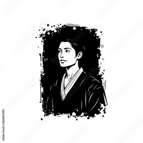 Monochrome illustration of a pensive individual with thoughtful gaze and abstract border artistic