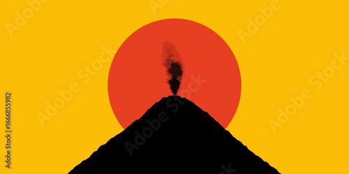 Black silhouette of an erupting volcano with a plume of smoke against a large red sun.