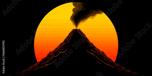 Graphic illustration of an erupting volcano silhouette with a dark smoke plume and fiery lava details.