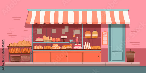 Charming cartoon bakery storefront with a striped awning and fresh bread display