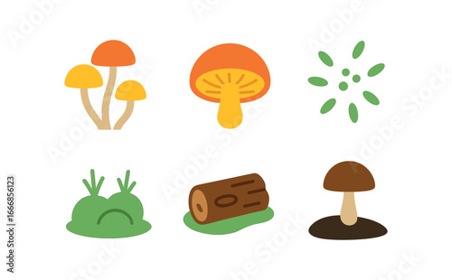 vector colorful flat filled icons mycologist (wild species): colorful caps gills spores moss rotting wood shaded ground.