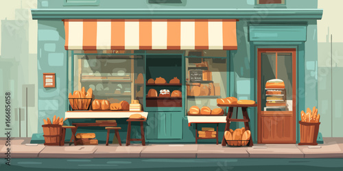 Charming illustrated bakery storefront with a striped orange awning and fresh bread displayed on the sidewalk.