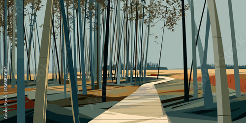 Stylized vector illustration of a tranquil bamboo forest with a sunlit wooden path.