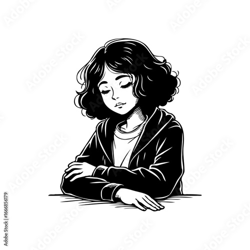 Monochrome illustration of a thoughtful young woman with curly hair resting her head in reflection