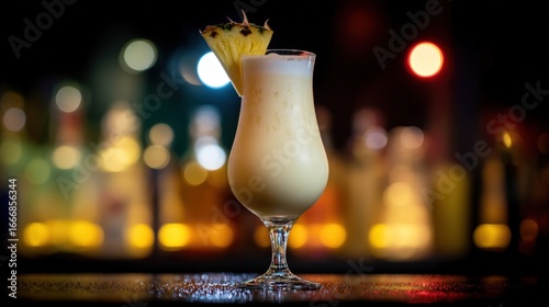 A vibrant Pina Colada cocktail, creamy and topped with whipped cream, is beautifully presented with a slice of pineapple. The background showcases a lively beach bar ambiance during sunset