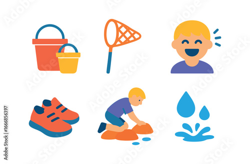 vector colorful flat filled icons tidepooling (children): buckets nets laughter kneeling on rocks wet shoes water splashes.