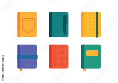 vector colorful flat filled icons notebook pocket (front cover): stitched pocket pen tucked in fabric texture elastic label.