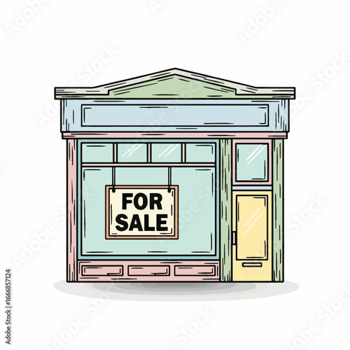 Small business for sale illustration. Retail storefront with 'FOR SALE' sign. E-commerce acquisition opportunity concept.