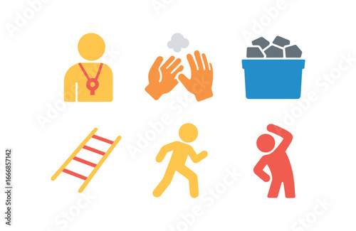 vector colorful flat filled icons rhythmic tumbling (training): coach watching chalked hands foam blocks ladder drills focused stance warm up.