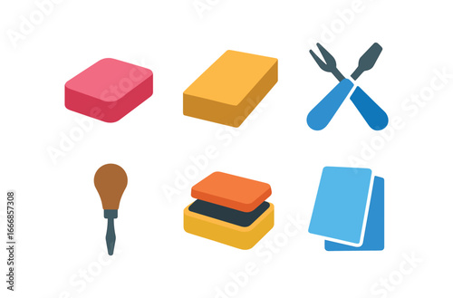 vector colorful flat filled icons stamp engraver (materials): rubber block linoleum steel tools wood handle ink pad paper sheets.
