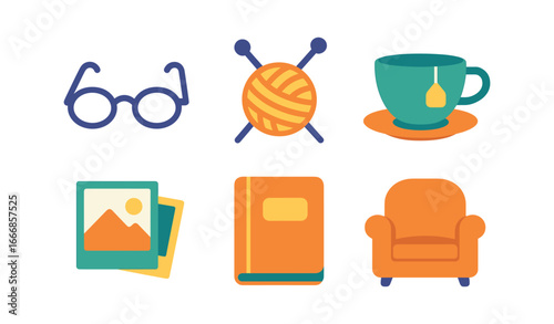 vector colorful flat filled icons mature years (daily life): reading glasses knitting tea cup old photos journal armchair.