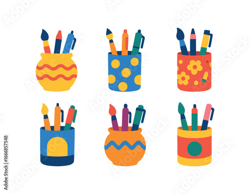 vector colorful flat filled icons pen holder (creative): ceramic pot painted patterns bright colors brushes pens markers.