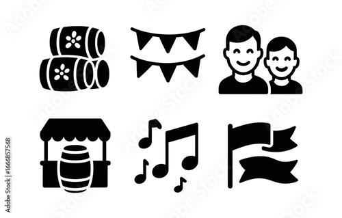 vector solid black filled icons barrel rolling (festival): decorated barrels bunting people laughing stalls music banners.