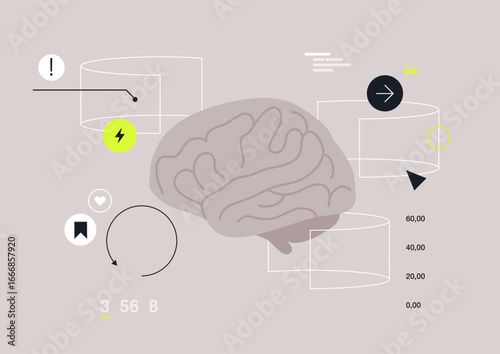 Delving into the fascinating world of cognitive processes, the artwork features a stylized brain surrounded by various geometric shapes and symbols representing thoughts and emotions