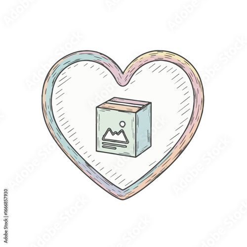 Hand-drawn e-commerce package in pastel heart illustration, symbolizing online shopping, customer love, delivery, and wish list items.
