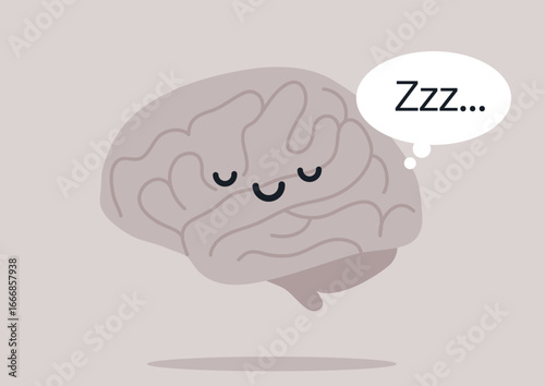 A charming brain character is portrayed with closed eyes and a serene expression, embodying relaxation and peace, It floats gently, suggesting dreamy thoughts and a peaceful state of mind.