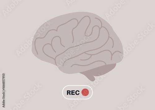 A visually engaging representation of a brain showcases its intricate contours, while a recording symbol subtly suggests the ongoing quest for knowledge and understanding of cognitive processes
