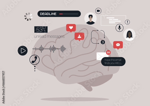 A creative representation of the human brain infused with symbols of communication, deadlines, and technology, This conceptual artwork captures the intertwining of thoughts and modern connectivity.