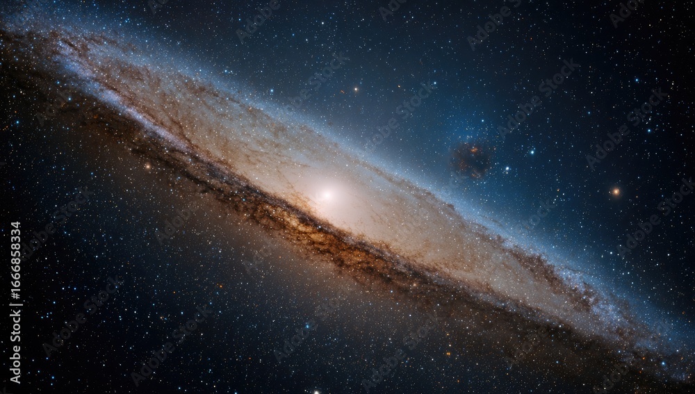 Fototapeta premium Spiral galaxy, cosmic dust, and stars. Vast expanse of space, exhibiting swirling arms of light and dark nebulae. Numerous distant stars scattered throughout. Deep space, cosmic, celestial