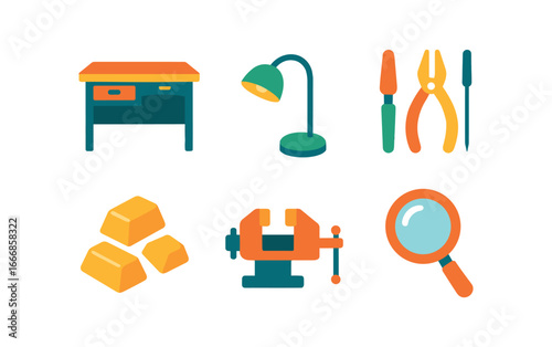 vector colorful flat filled icons goldsmith (workbench): jeweler bench small lamp tools gold pieces vise magnifier.