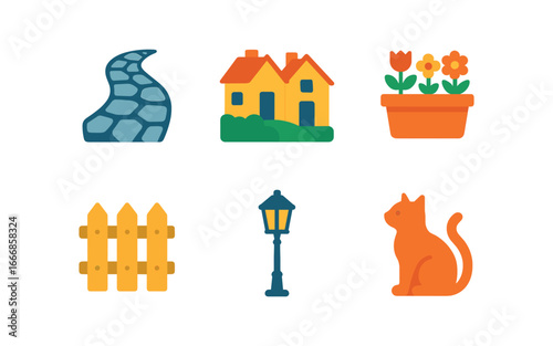 vector colorful flat filled icons hill path (village): cobblestone lane cottages flower boxes fences lamp posts cats.
