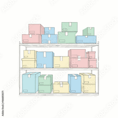 E-commerce inventory management concept with pastel colored shipping boxes stacked on shelves. Online retail warehouse logistics illustration.