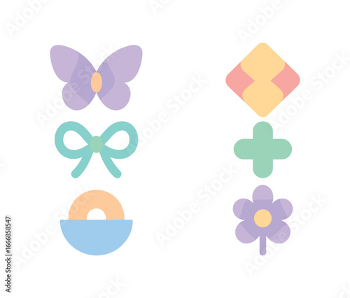 vector colorful flat filled icons poise (abstract): symmetrical forms pastel colors gentle curves soft glow airy space even lines.