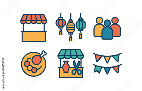 vector colorful flat filled icons lantern lit fest (market): stalls colorful lanterns crowd food crafts hanging garlands.