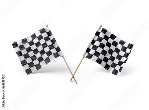 Two checkered racing flags.  Identical black and white checkered flags,  on small wooden sticks,  isolated on white background