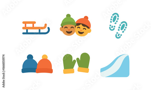 vector colorful flat filled icons snow laden hills (sledding): sled children laughing tracks hats mittens slope.