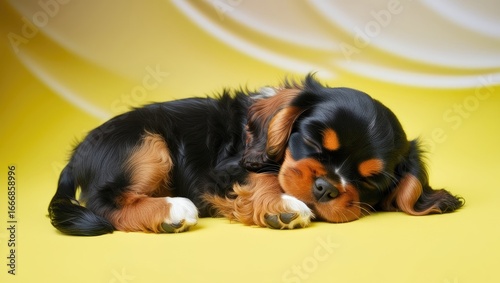 Adorable puppies sprawled out on the floor, peacefully resting.