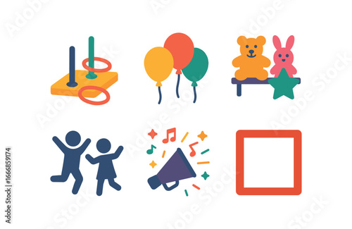 vector colorful flat filled icons dusk celebration (games): ring toss balloons prizes children playing joyful noise open square.