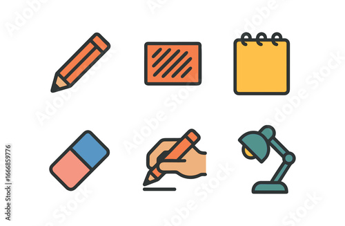 vector colorful flat filled icons draw (pencil sketch): graphite pencil shading sketchpad eraser hand drawing desk light.